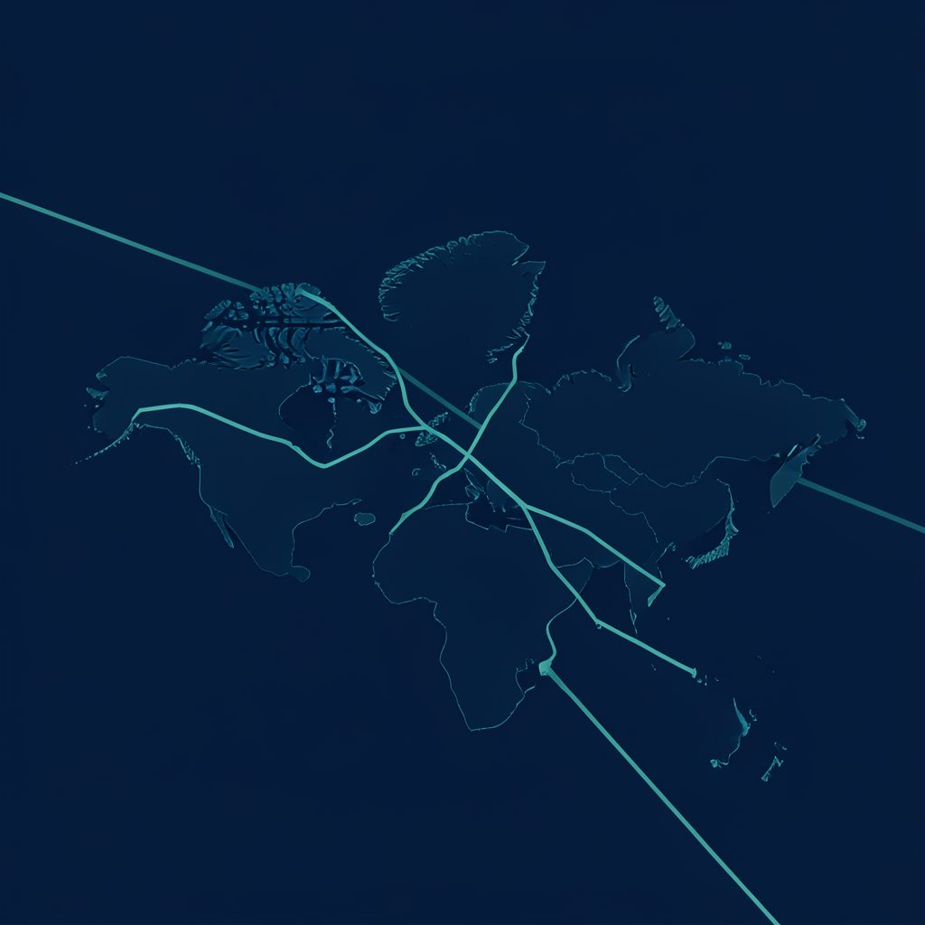 Abstract illustrated map with muted teal route lines crossing a deep navy background, conveying connection and regional reach